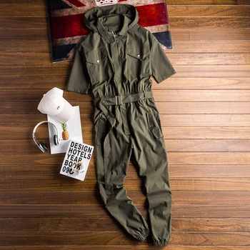 

European and American Street Hip Hop Siamese Suit Men's Self-Cultivation Beam Casual Pants Fashion Hooded Short-sleeved Jumpsui