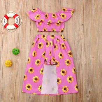 

2019 Princess Crop Tops Kids Sunflower Clothing Baby Girl Set Summer Shorts Dress 2PCS Outfit Sunsuit Clothes