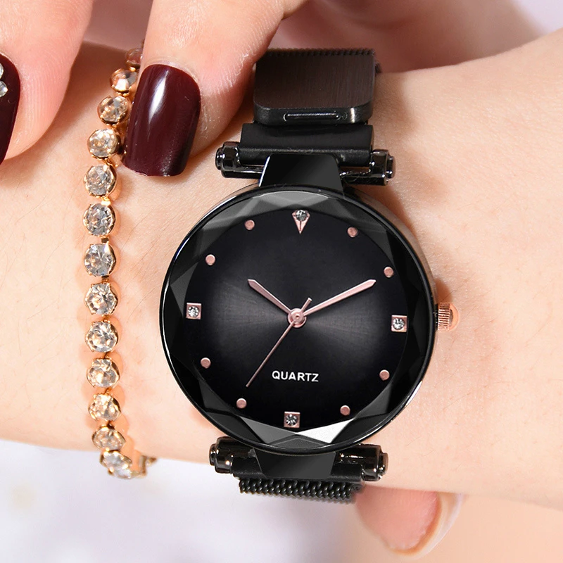 

Romantic Female Watches Diamond Geometric Surface Popular Starry Sky Watch Women Luxury Magnetic Quartz Wristwatch montre femme