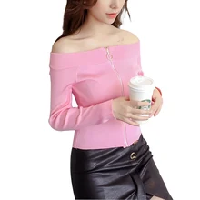Leisure Zipper Female Sweater 2018 Autumn Winter fashion New Cardigans Solid color Short Slash neck Shoulder off Women Tops Leisure Zipper Female Sweater 2018 Autumn Winter fashion New Cardigans Solid color Short Slash neck Shoulder off Women Tops