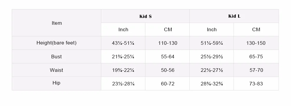 size chart kid