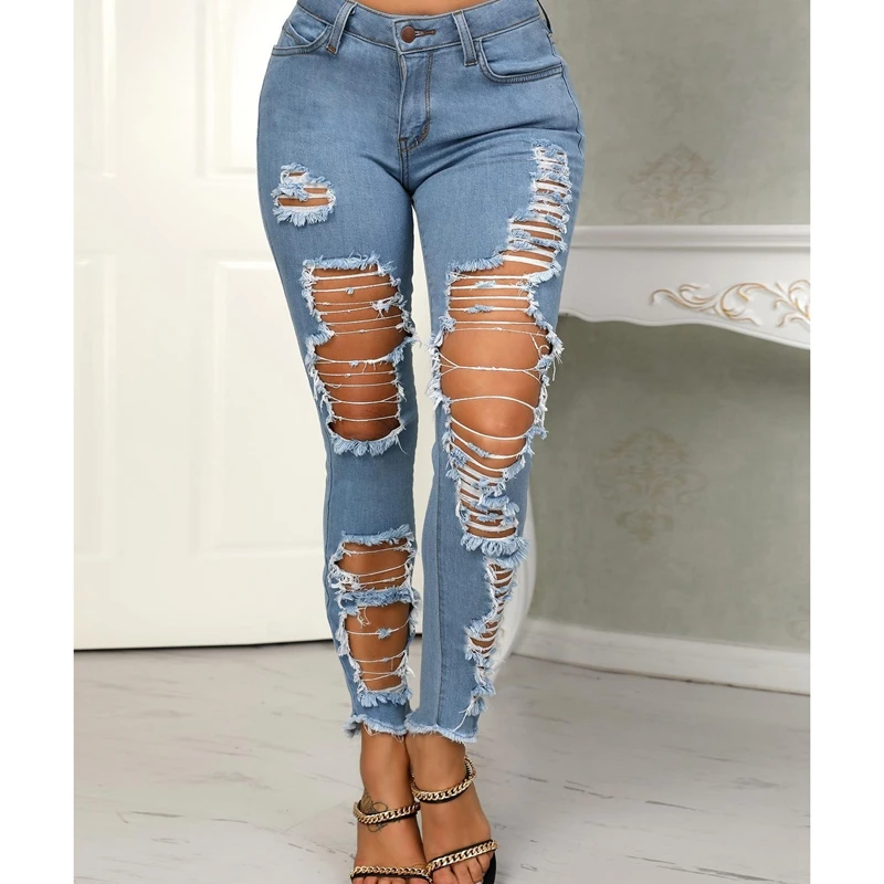 

CALOFE 2019 Holes Frayed Distressed Pencil Jeans Casual Fashion Denim Blue Jeans Slim Pencil Pant Ankle Length Trouser