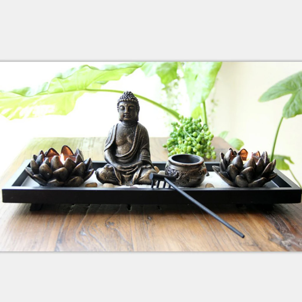 MagiDeal Trendy Japanese Buddha Zen Garden Buddhist Statue Tealight Incense Sand Meditation Fengshui Ornament Home Decor