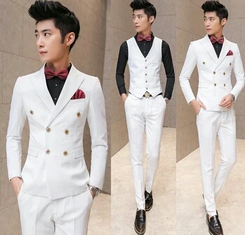 Новые белые двубортные смокинги для жениха 3 шт Мужские свадебные костюмы для выпускного вечера на заказ(куртка+ брюки+ жилет+ галстук-бабочка