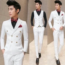 Новые белые двубортные смокинги для жениха 3 шт Мужские свадебные костюмы для выпускного вечера на заказ(куртка+ брюки+ жилет+ галстук-бабочка