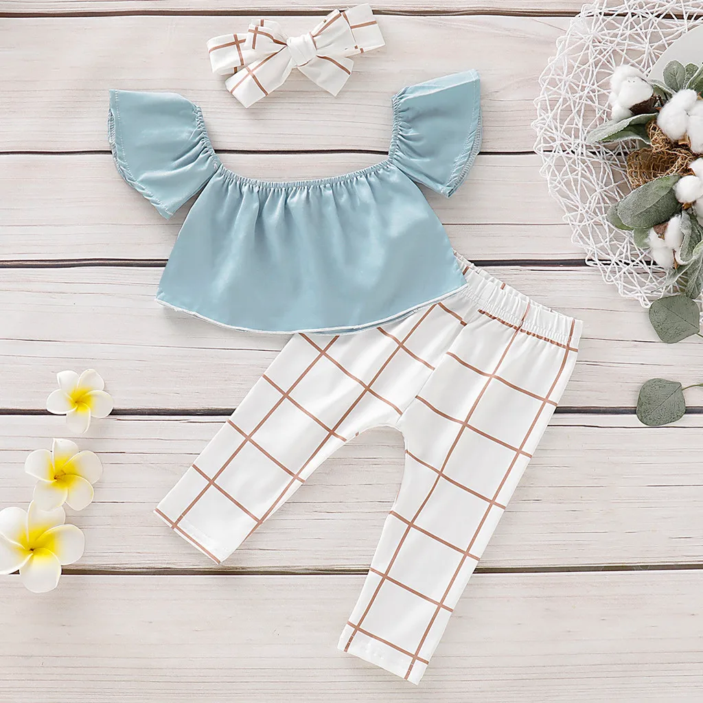 

Summer Baby Girls Clothing Set Off Shoulder Top+Floral Plaid Pants+Headband Outfits Set Girls Clothes Ninjago Party Roupa Menina