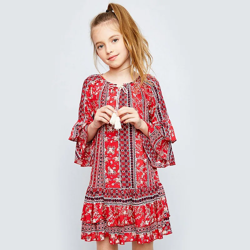 Spring Girls BOHO Dresses Sweet Kids Casual Dresses Flare Sleeve
