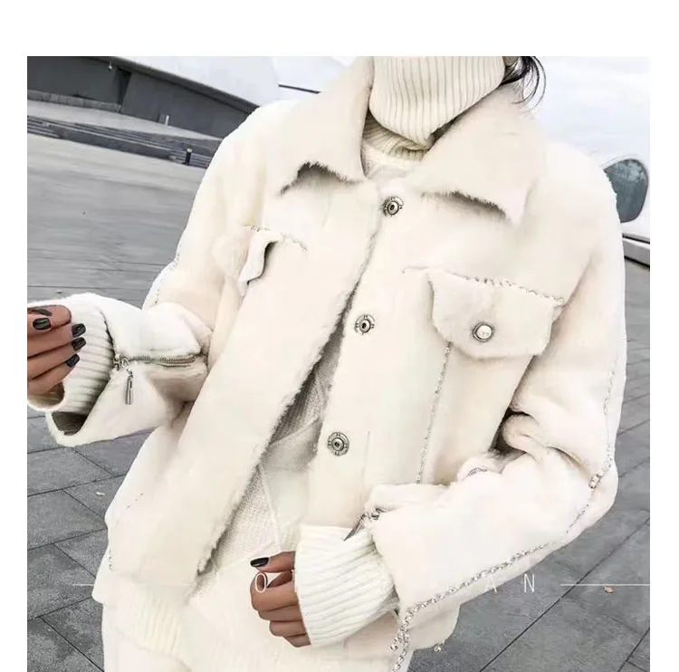 Пальто из настоящего мериносового овечьего меха, Женская куртка из овечьего меха и овечьей кожи, с рукавами, на молнии, мех с бриллиантами, популярная модель года F1033 - Цвет: white