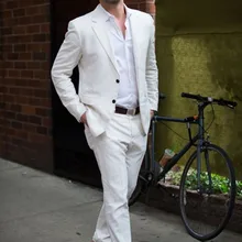 Модные цвета слоновой кости/Белый лен повседневное Нарядные Костюмы для свадьбы летние пляжные одежда для жениха индивидуальный заказ 2 шт.(куртк