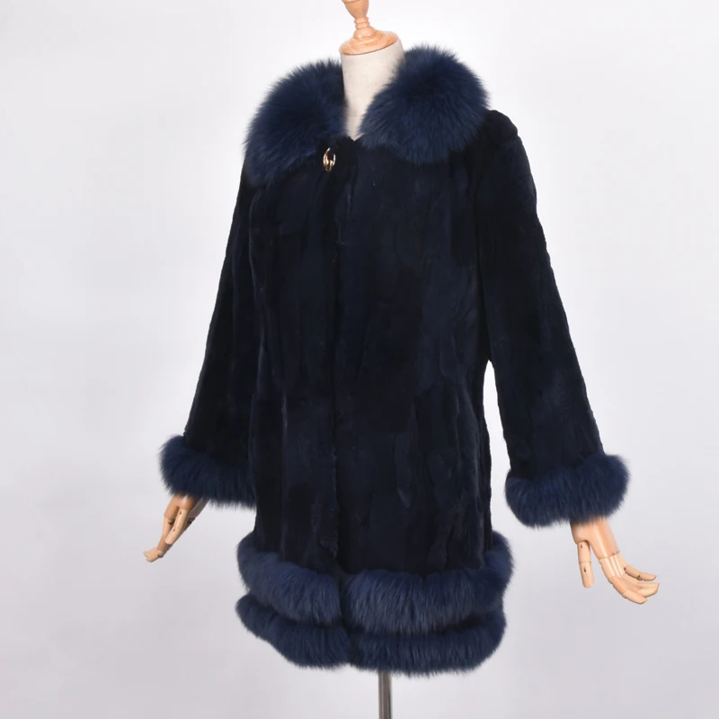 Naturel Mode De Outwear Fourrure Dark Col Haute Chaud Vestes Renard Femmes Hiver Réel Blue Qualité Manteaux Lapin noir Manteau H48qxw66d