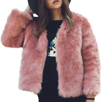 

Women's Clothing Faux Fur Coat Solid Color Long Sleeve Elegant Winter Jacket Warm V neck Female Outerwear