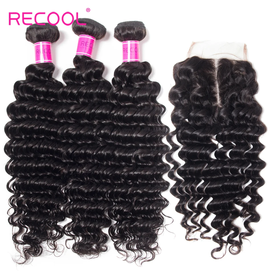 

Recool Hair 3 Bundles With 5x5 Lace Closure Deep Wave Natural Color Remy Human Hair Brazilian Hair Weave Bundles With Closure