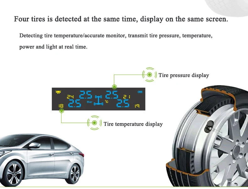 Автомобильная система контроля давления в шинах с четырьмя колесами Встроенные датчики ЖК-дисплей внешний TPMS сигнализация давления в шинах