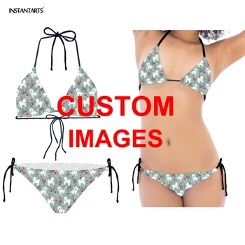 INSTANTARTS Custom 3D Printing Women Swxy Bikini Set 2019 Summer Beach Wear Swimsuit Triangle Halter Two Piece Bathing Suits halter two tone bikini set