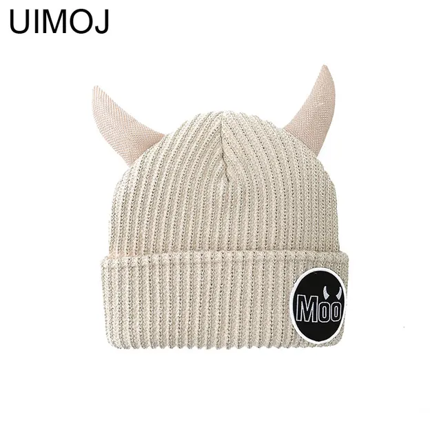 UIMOJ Cow Horn Warm Winter Hats For Women Men Casual Knitted Cap Cute