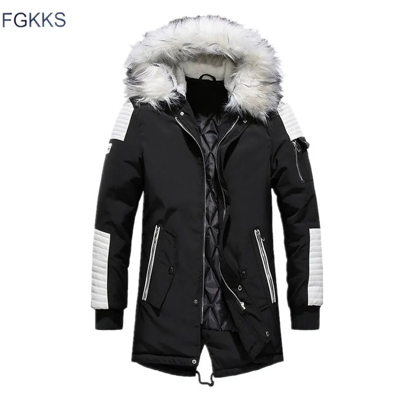 Kopen FGKKS Mannen Parka Katoen Dikke Jas 2019 Winter Nieuwe Warm Fashion Fleece Jassen Bontkraag heren Parka