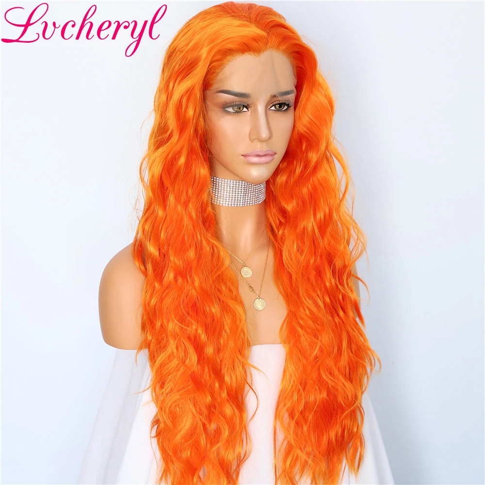 Lvcheryl Pary парики оранжевый цвет воды волна волос парики термостойкие волокна волос Синтетические Кружева передние парики для женщин макияж