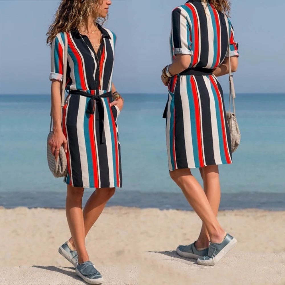 

Stripe Shirt Dress Summer Women Boho Long Sleeve Turn-down Collar Button Beach Dresses Loose Autumn Midi Geometric Printed Dress