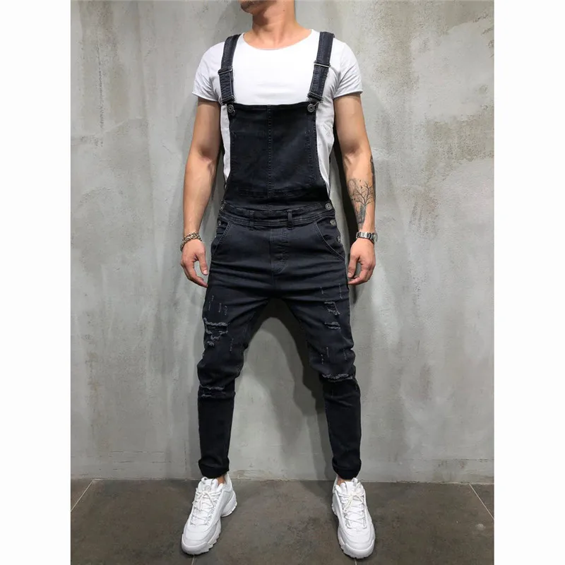 MORUANCLE Fashion Men's Ripped Jeans Jumpsuits Hi Street Distressed Denim Bib Overalls For Man Suspender Pants Size S-XXXL