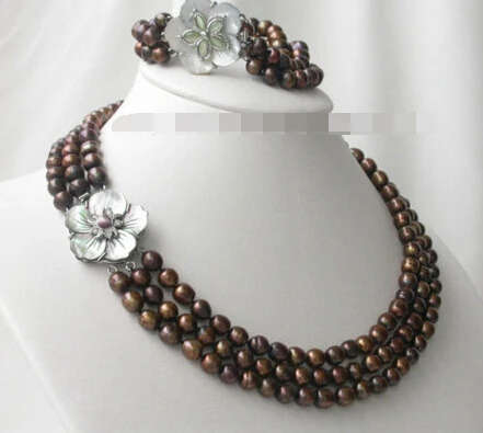 

free shipping 07543 3strands gold FW pearl Necklace&Bracelet set flower (A0423)