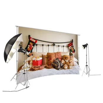 

Happy Christmas Background for Photography Bed with Bear,bolster and Other Christmas Gifts Design XT-7187