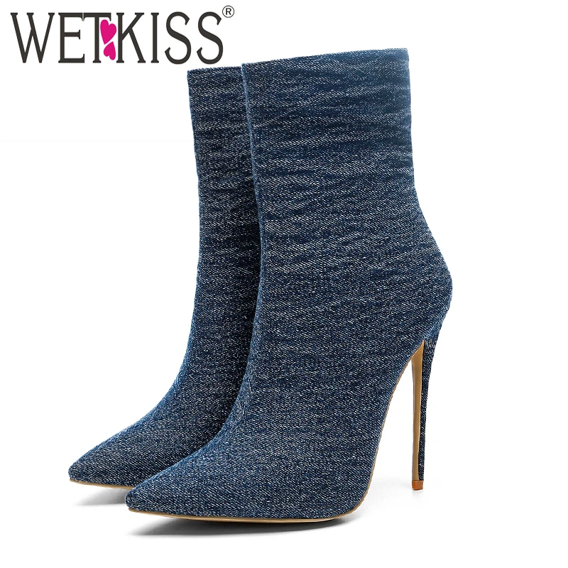 

WETKISS Winter Ankle Women Boots Short Plush 2018 Warm Footwear Denim Fashion Booties New Thin High Heels Female Shoes
