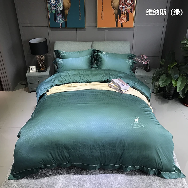 

Green color Bedding Set deer Embroidery Duvet Cover Set 4pcs egyptian cotton Bed Linen Quilt Cover Queen King Wedding Gift