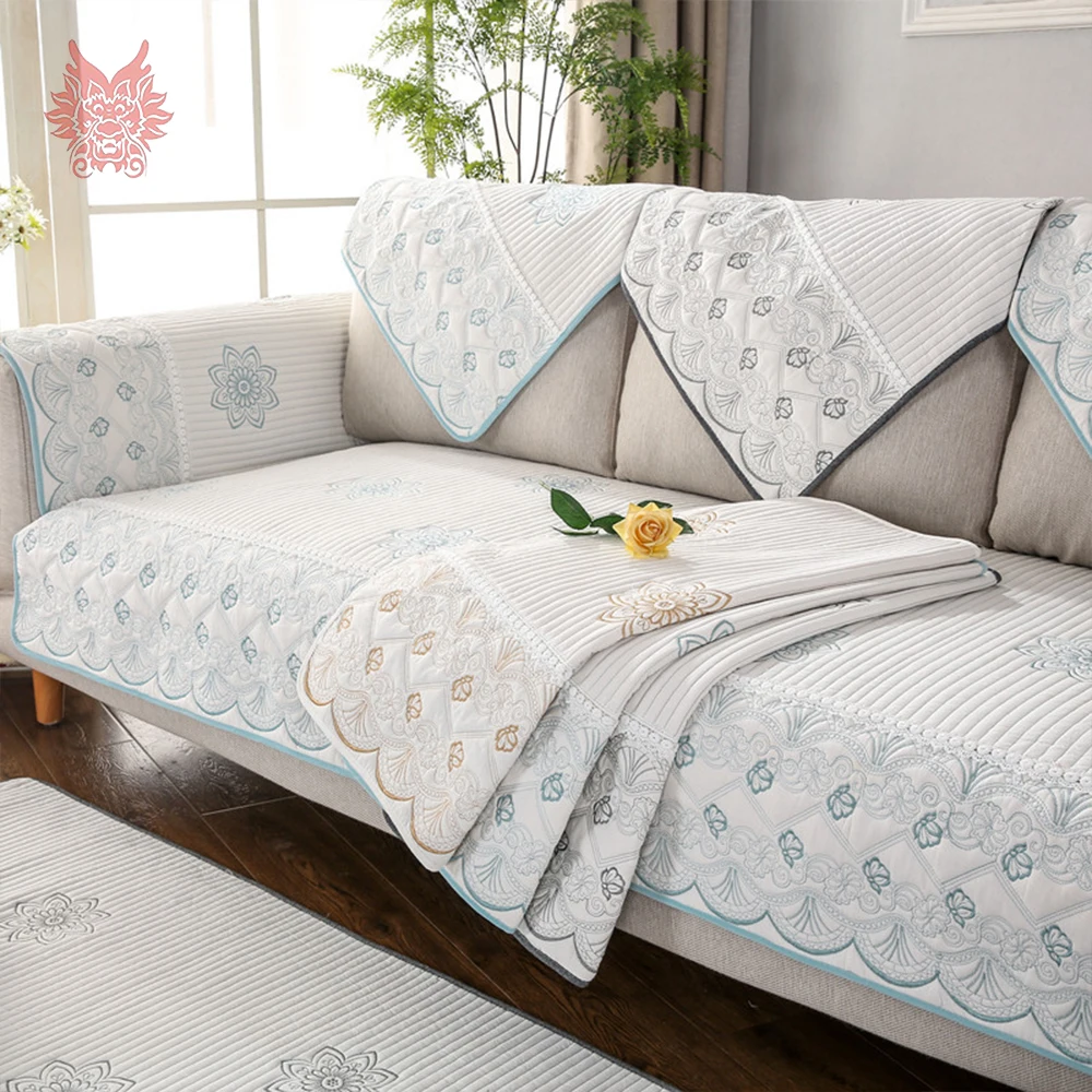 Blue grey coffee pastoral floral embroidery cotton quilted sofa cover