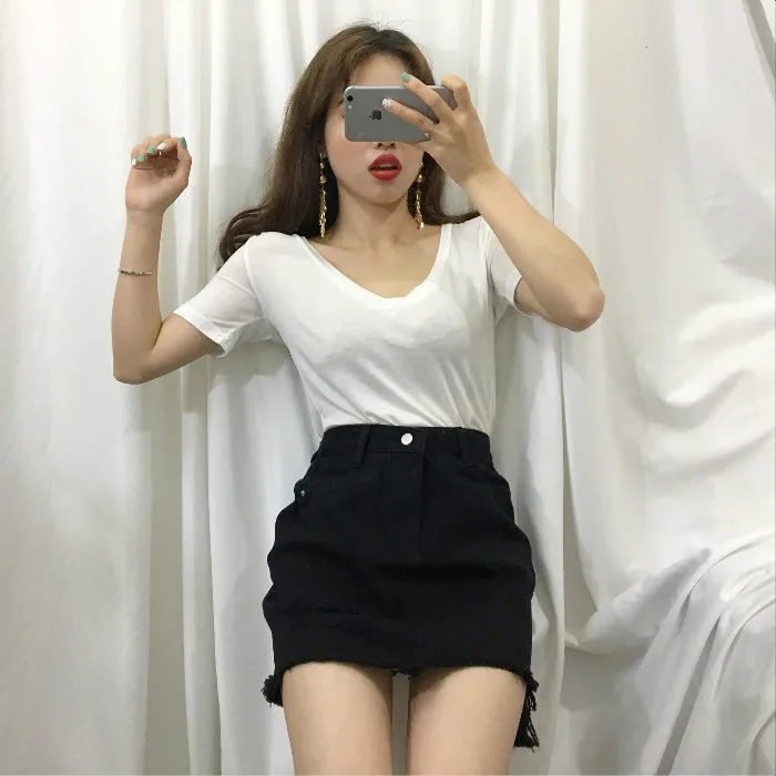Женские джинсовые короткие юбки с асимметричными дырками, летние тонкие женские юбки, Однотонная юбка с высокой талией, женские повседневные юбки А-силуэта AE629