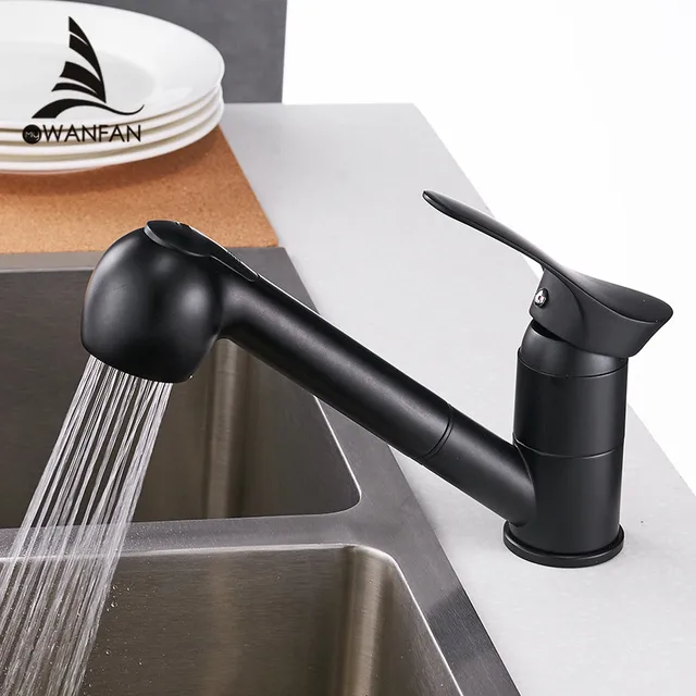 Best Offers Kitchen Faucets 360 Degree Swivel Pull Out Kitchen Sink Faucet Water-Saving Polished black Basin Crane Mixer Brass Tap WF-7005