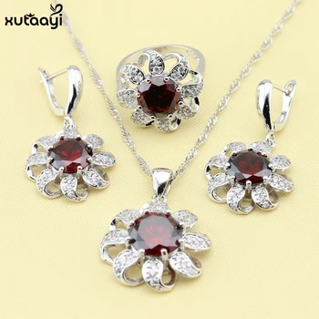 

XUTAAYI 3PCS Top Flowers Silver Color Jewelry Sets For women Red synthetic Garnet Perfect Wedding Necklace/Rings/Earrings Sets
