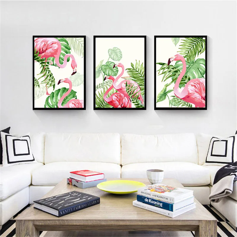 

HAOCHU Canvas Art Print Animal Decorative Painting European and American Fresh Plant Pink Flamingo Home Mural Poster Wall Decor