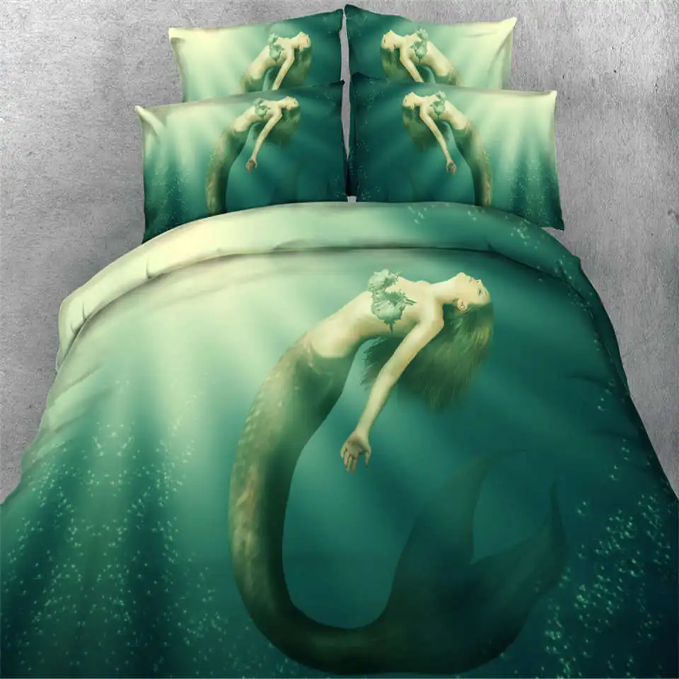 

Mermaid Bedding Sets Green 3D Duvet/Quilt Cover Sets Twin Full Queen King Sizes Romantic Bed Linen 3/4PCs 500TC Girls Coverlet