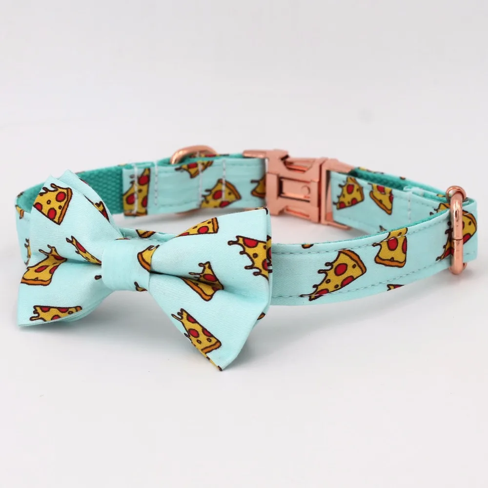 Online Popular patrón de Pizza cuello de perro y correa con pajarita para perros grandes y pequeños cuello de tela de algodón hebilla de metal de oro rosa