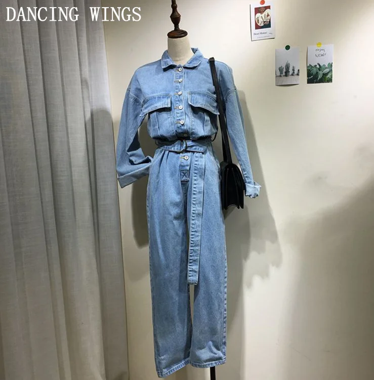 

DANCING WINGS Women's full sleeve sashes denim jumpsuits with belt Fashion turn down collar overalls long jeans