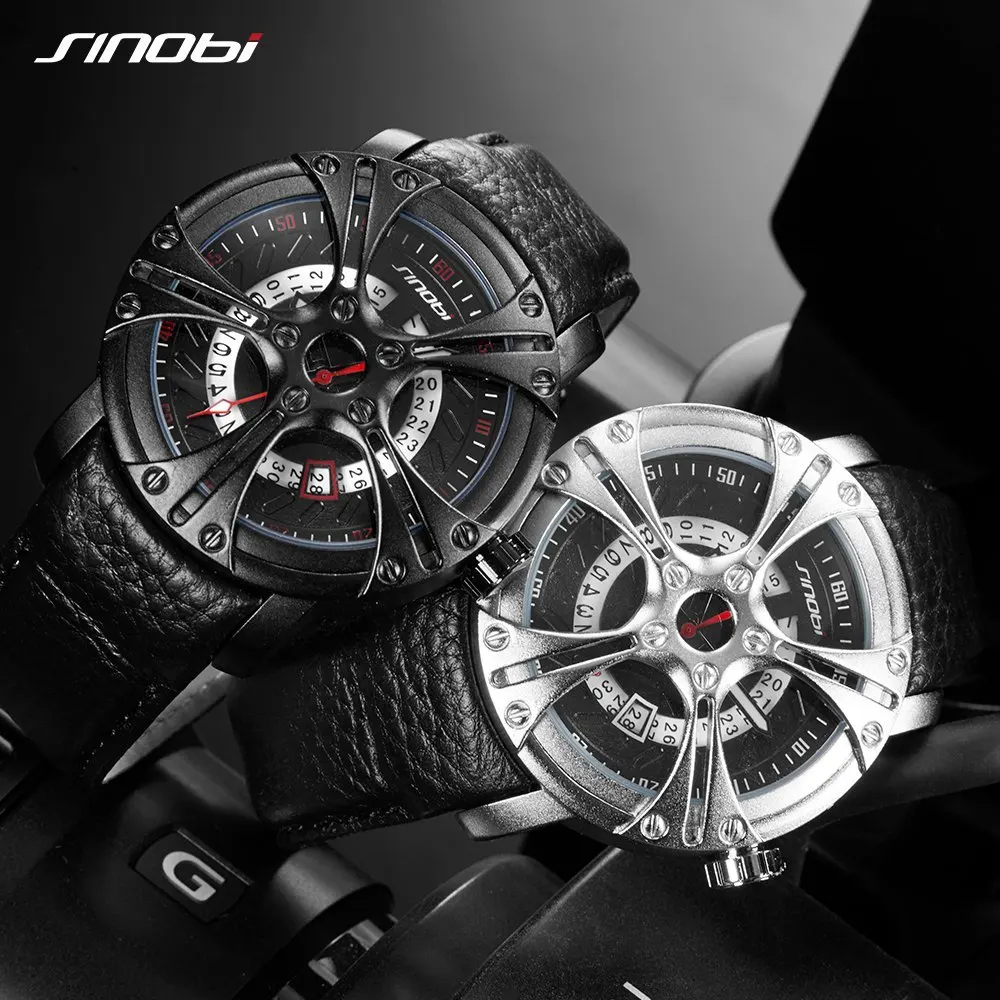 SINOBI Men Watch S Shock Military Watch Men Leather Straps Racing Wheel Sports Quartz Watches Top Brand Luxury relogio masculino