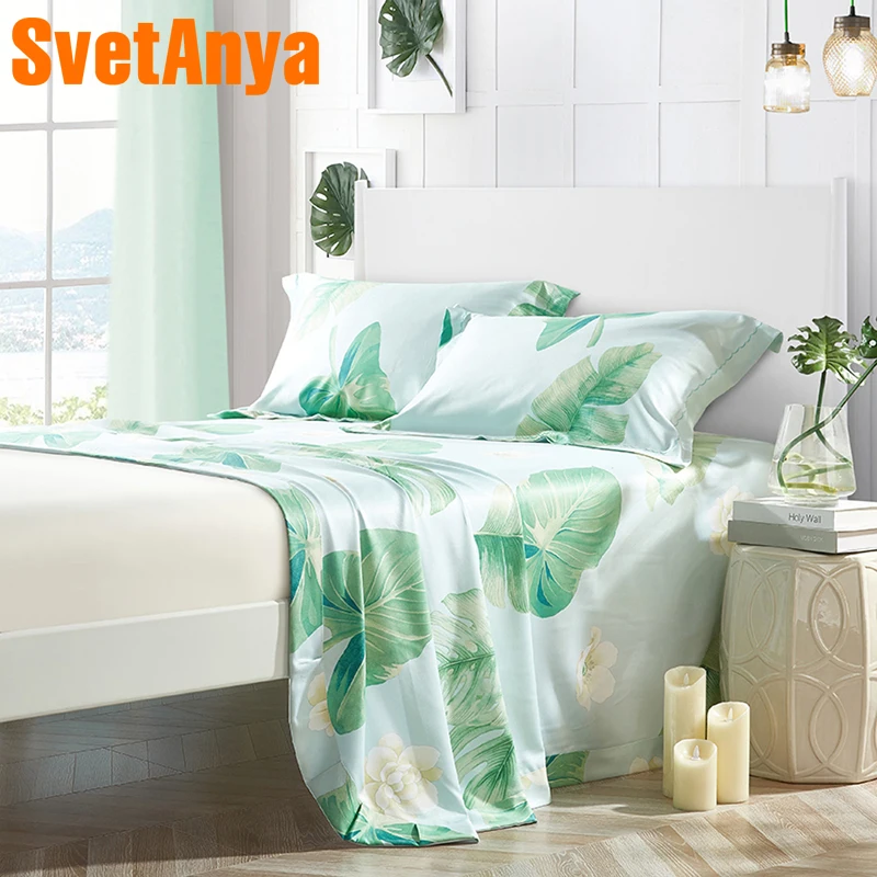 

Svetanya 1*flat Sheet+2*Pillowcase Bedspread Coverlets Leaves Print Green Bamboo Fiber Twin Full Queen Double Size Soft
