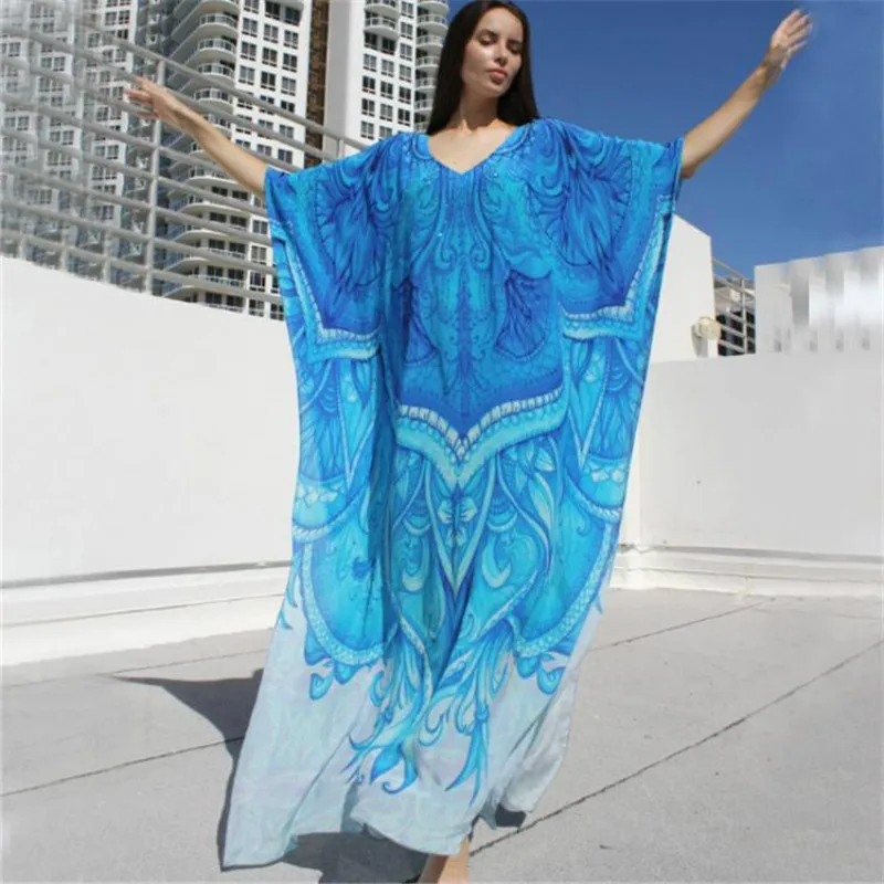 

New European And American Cotton Blue And White Positioning Printing Super-large Gown-style Beach Skirt Bikini Cover-up