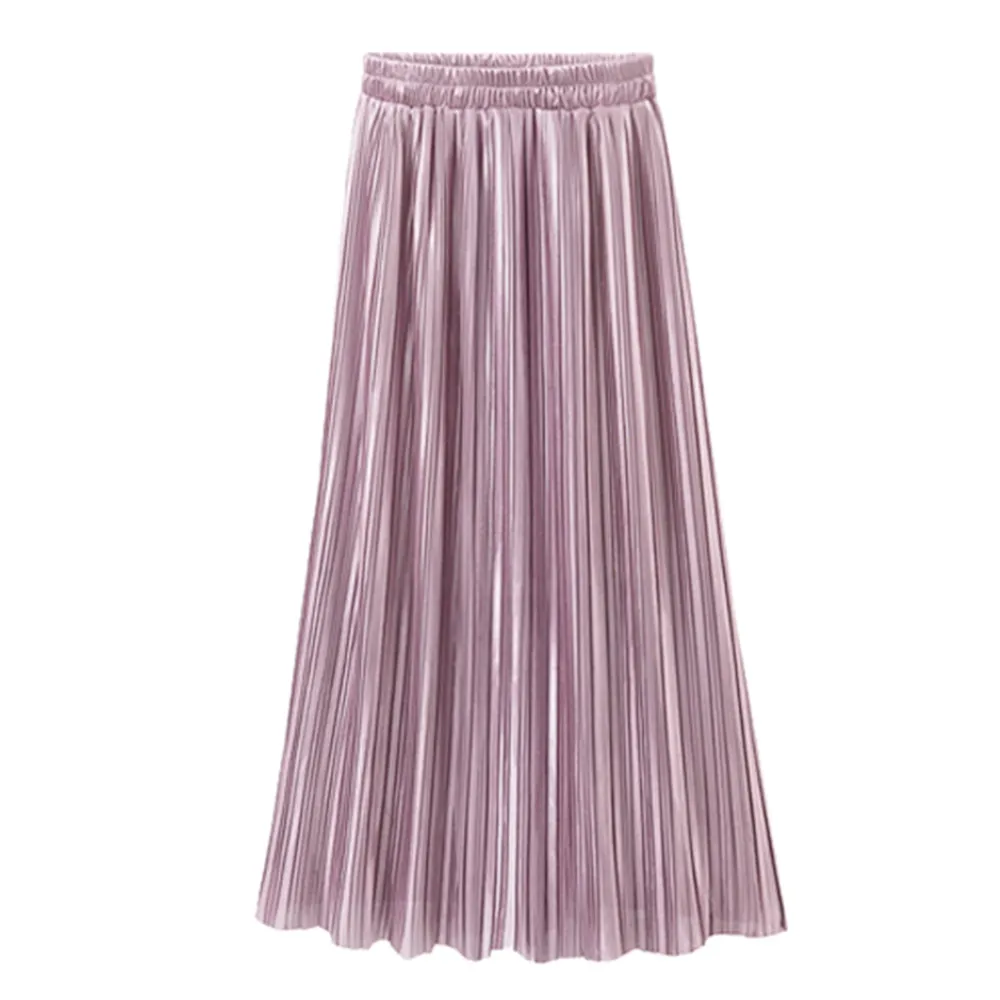 Свободная плиссированная юбка со страусом на весну и лето, Женская винтажная юбка с высокой талией, однотонные длинные юбки, Новая модная женская юбка с металлическим покрытием - Цвет: Розовый