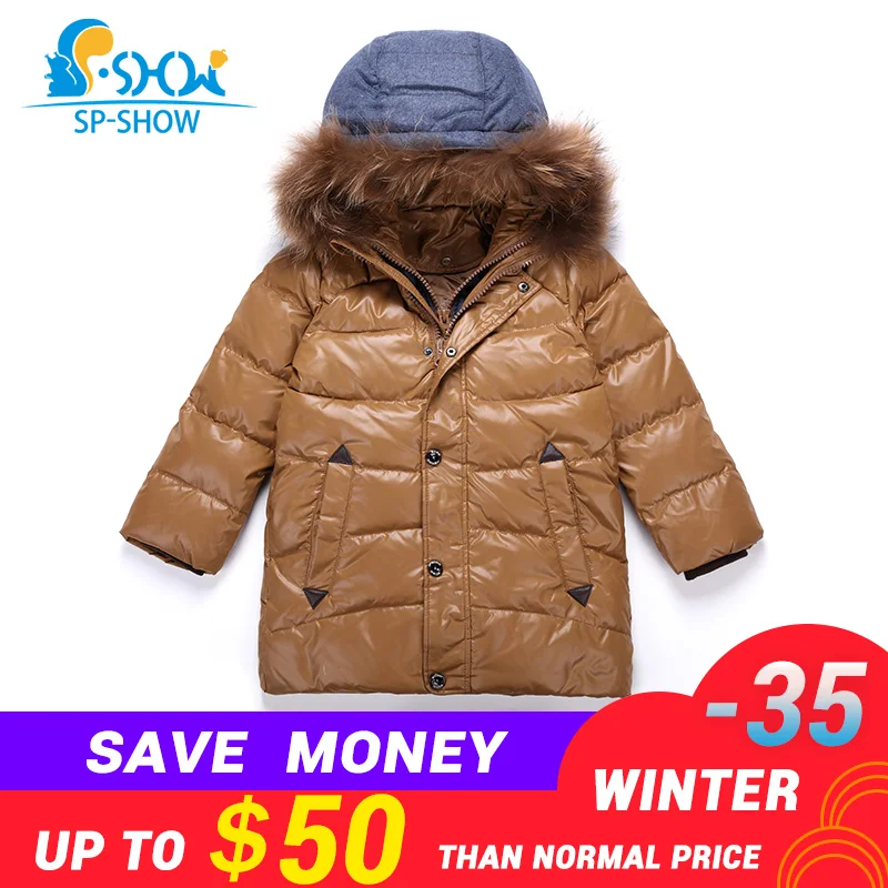 

BUY 1 COAT GET 1 FREE SCARF -30 degrees SP-SHOW Winter 90% White down coats With Fur Hood Warm Jacket For 4-9 Age Russian Coats