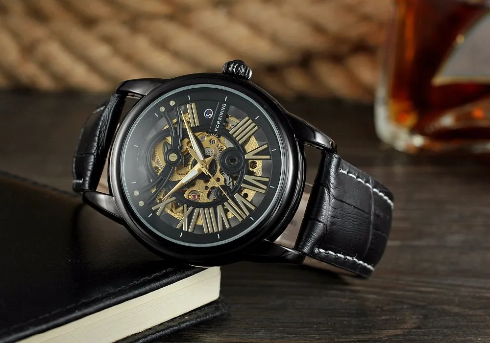 Forsining черный ободок Ретро Для мужчин автоматические часы световой руки лучший бренд класса люкс Скелет наручные часы из золота Деловые часы