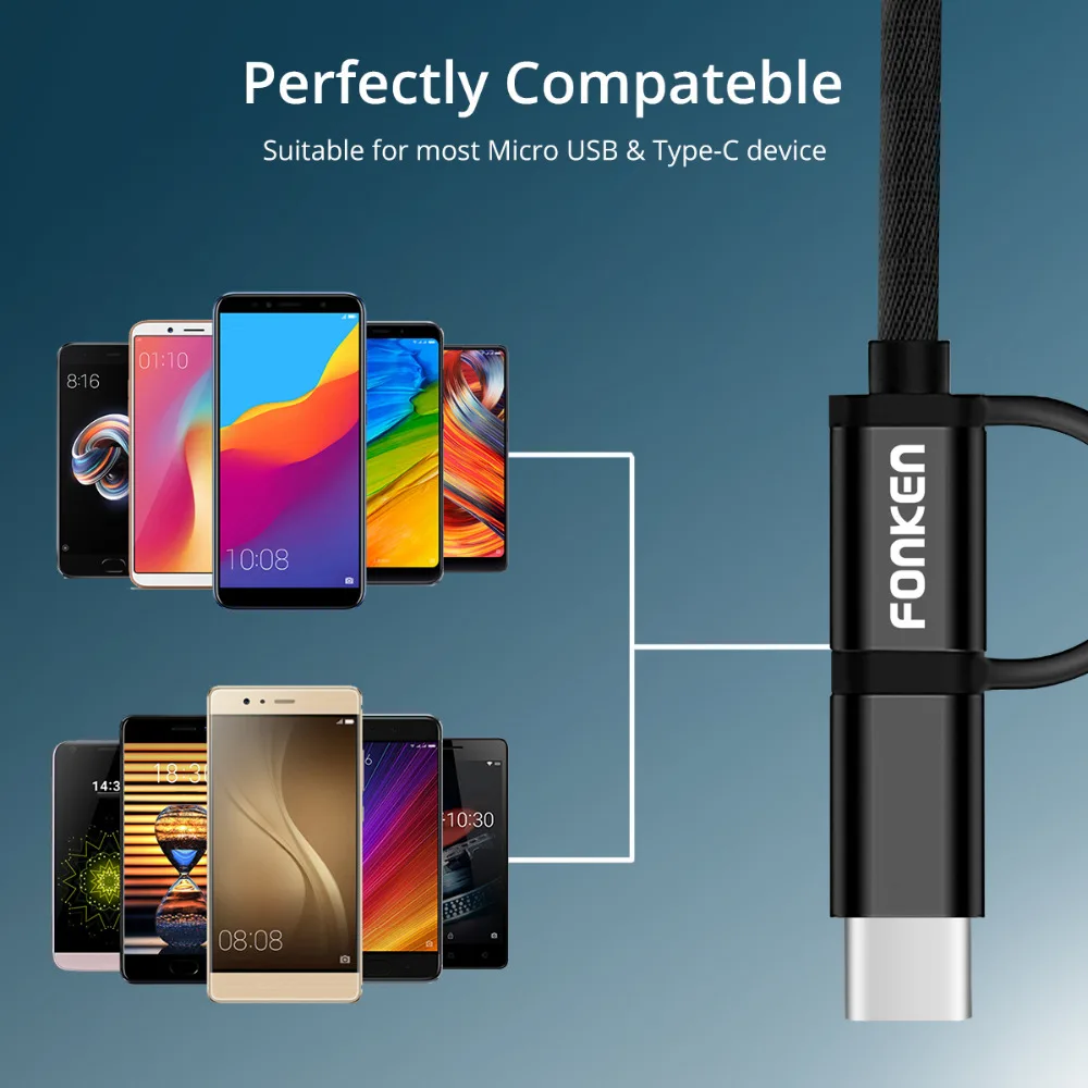 FONKEN 2 في 1 كابل يو اس بي المصغّر usb نوع C سريعة تهمة الهاتف كابل البسيطة USB C شحن 2 محول 1 M للهاتف المحمول الكابلات