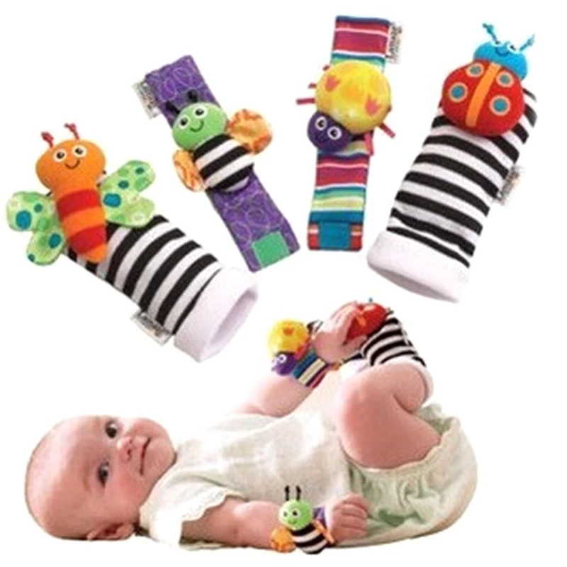 Комплект из 4 предметов, Разноцветные носки в полоску для малышей, Погремушки для новорожденных Божья коровка, хлопковые носки, погремушка для ног, детские развивающие игрушки