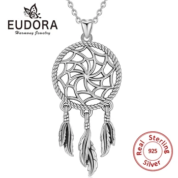 

EUDORA Unique 925 Sterling Silver Dreamcatcher Pendant Necklaces with 3 feathers Fashion Jewelry for Valentine's day gifts D386