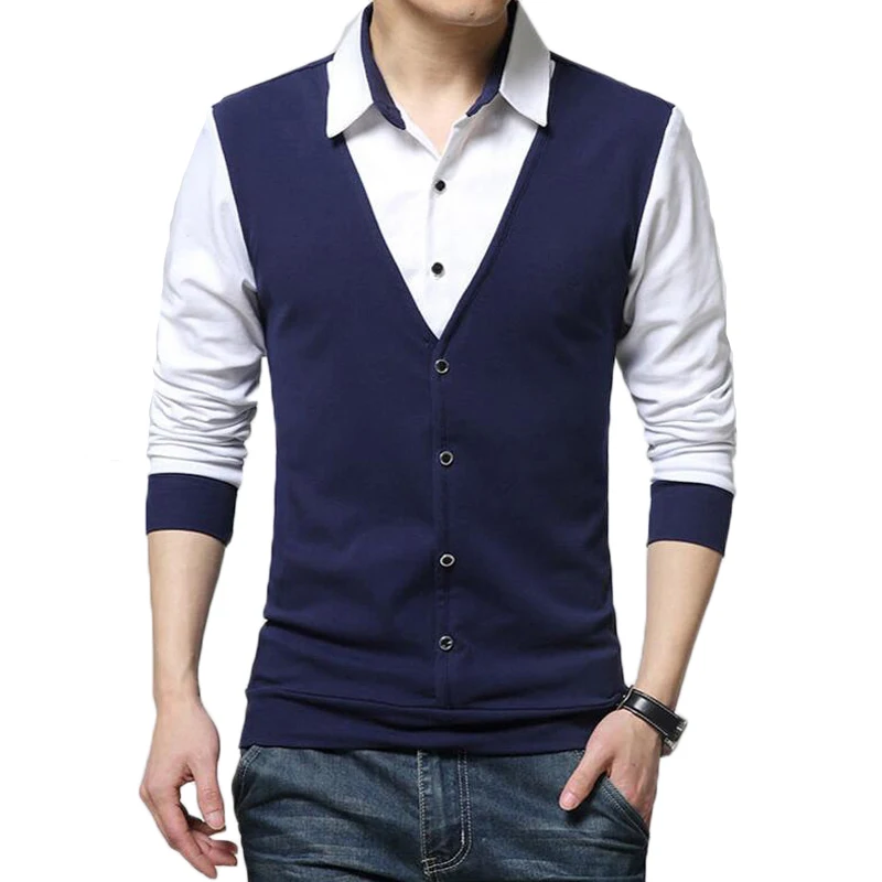 

Shirts Men Fashion Fake Two Designer Clothing Mens Casual Spring Autumn Turn Down Long Sleeve Slim Fit Korean Tee Shirt