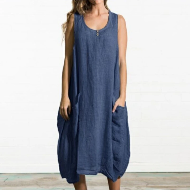 Women's plus size dress plus size 5XL 6XL 7XL 8XL summer round neck sleeveless casual loose large size pocket blue dress Women's plus size dress plus size 5XL 6XL 7XL 8XL summer round neck sleeveless casual loose large size pocket blue dress