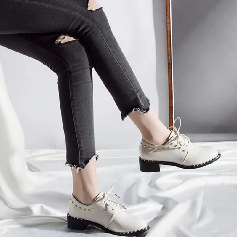 

Women Fashion Round Toe Patent Leather Rivet Design Shoes,Rubber Non-slip Solid Color Lace-up Spring Casual Shoes High Quality