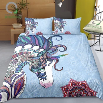 

BOMCOM 3D Digital Printing Rainbow Unicorn Fairytale with Mandala Paisley Background Bedding Sets 100% Microfiber blue