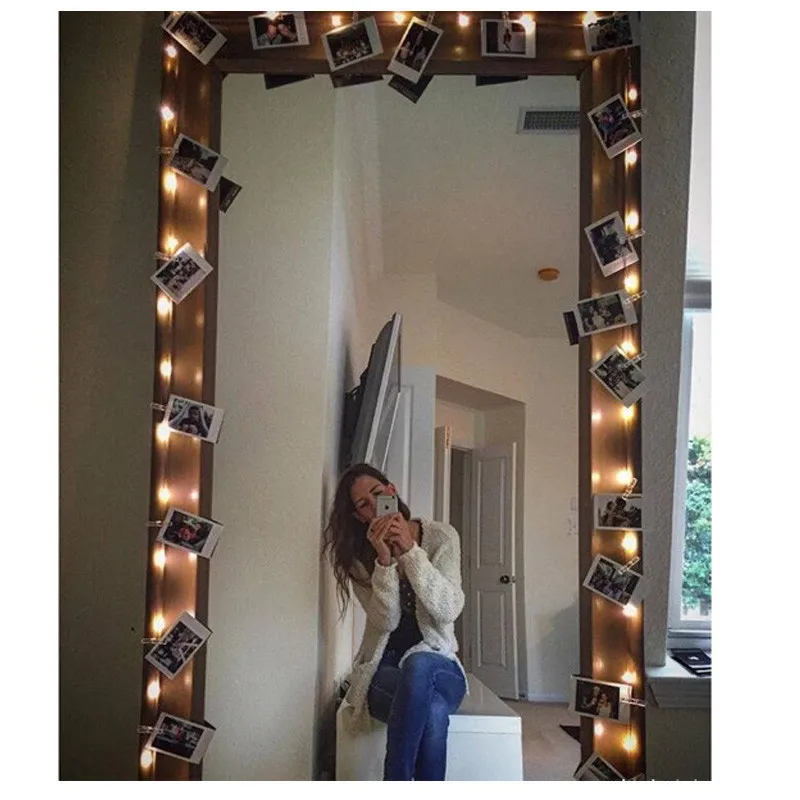 Venta caliente 10 20 LED Clip LED cadena Luces de plástico alambre 220 cm PVC cortina dormitorio foto pared Luces decoración Hada lámpara colgante