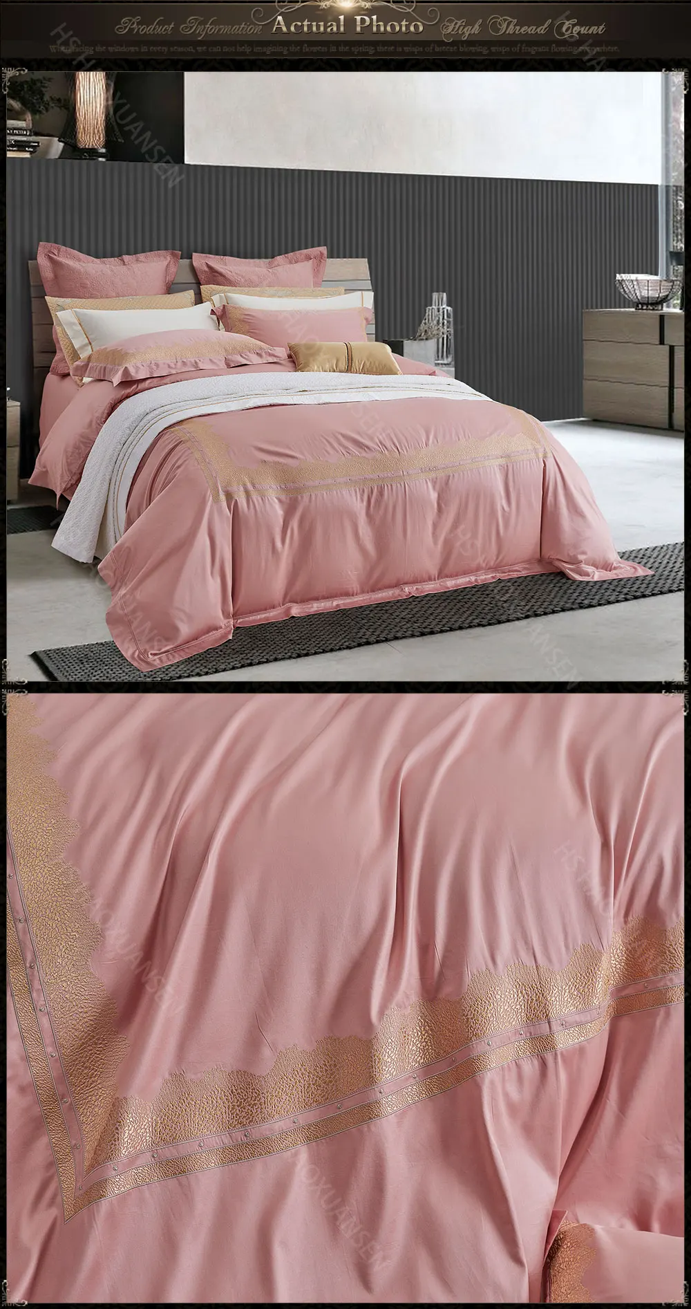 Perfect Luxury Euro Embroidery 4pcs Pink Bedding Sets 1000 Thread Count Egyptian Cotton Bed Clothes Double Sheets Set Queen King Size 1